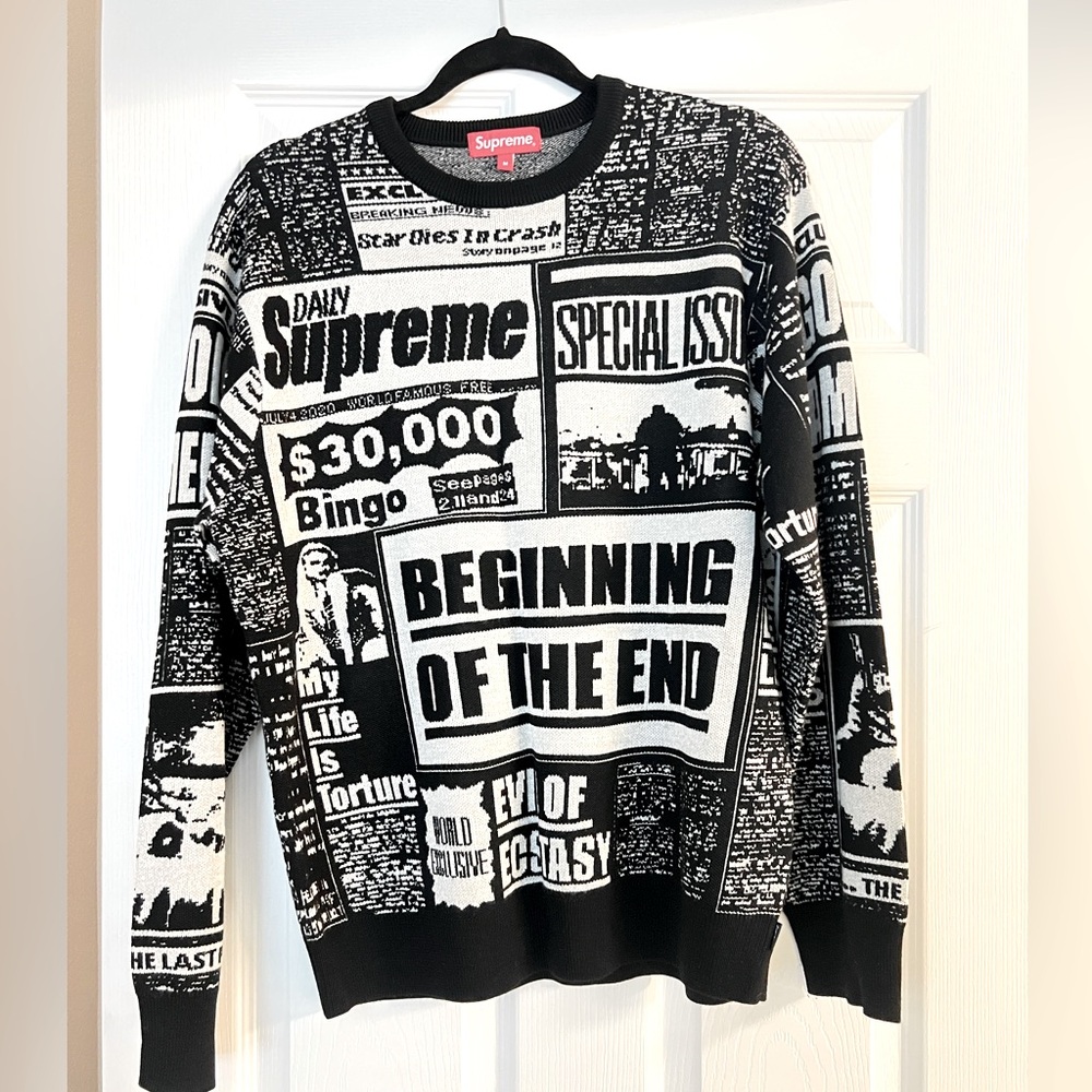 Supreme Black Newspaper Merino Wool Sweater medium